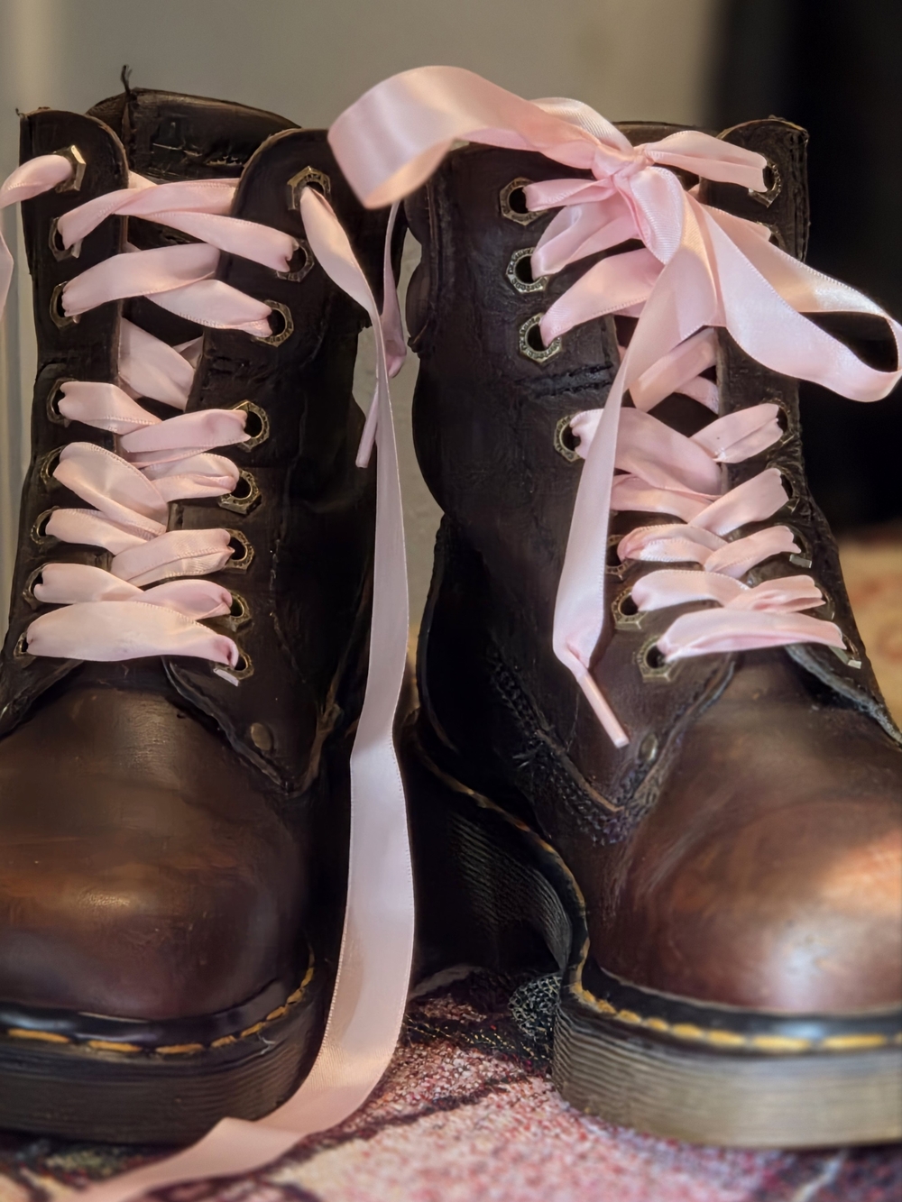 Original Made In England Dr. Martens Leather Lace-Up Boots w Pink Ribbon Laces